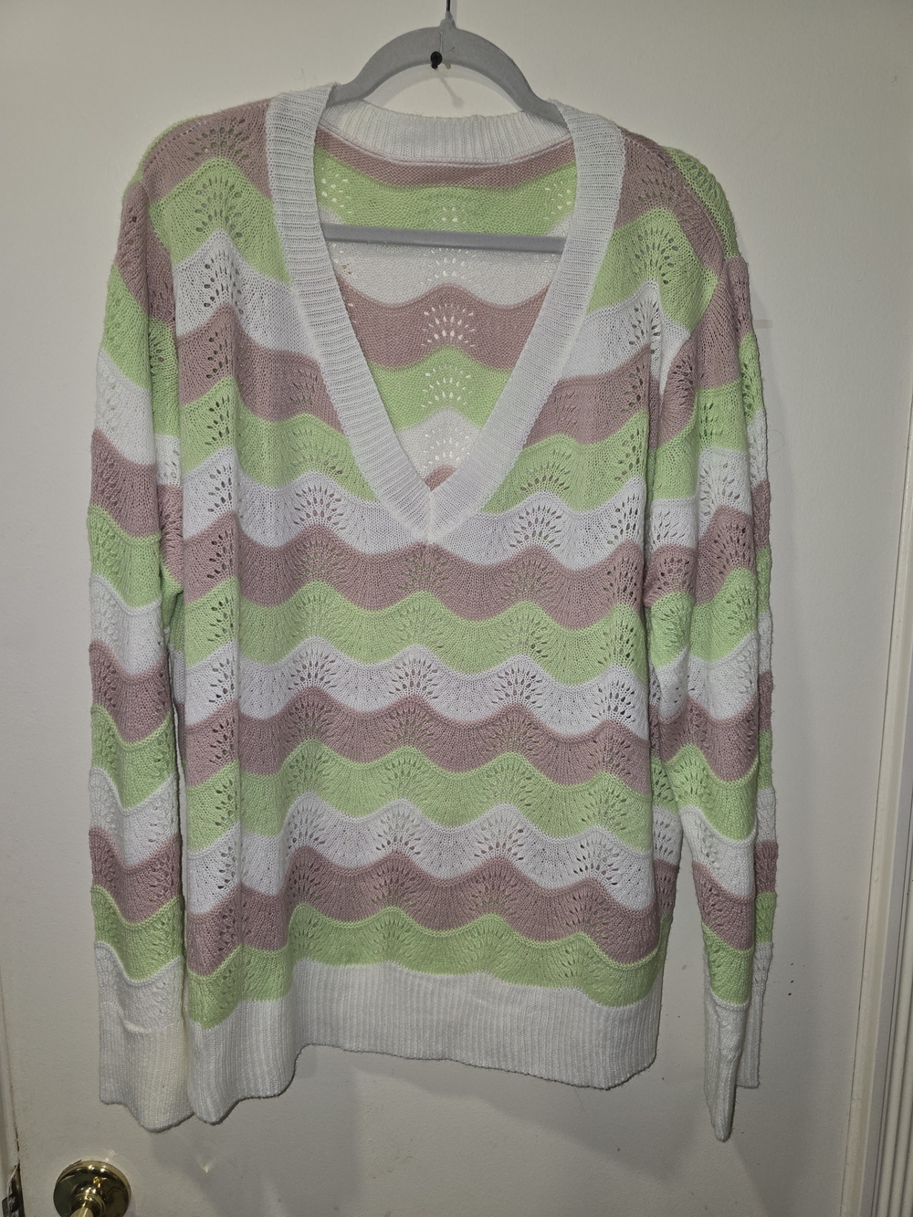 SHEIN Pastel Wave V-Neck Sweater in White, Light Green & Mauve